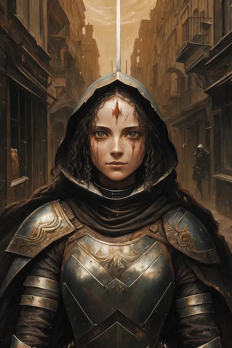 A painting of a woman, mended armor, rags poking through gaps of the armor, no helmet, curly ratty hair, cold eyes, scarred face, emotionless smile, pale, covered in old blood and puss, fraying bandages holding together armor, in a destroyed village, holdi...