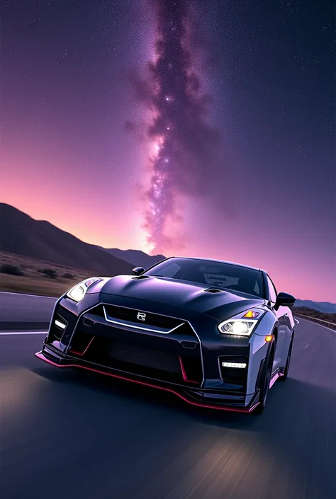 Black and white Nissan gtr nismo tuning car on the road with purple starry sky