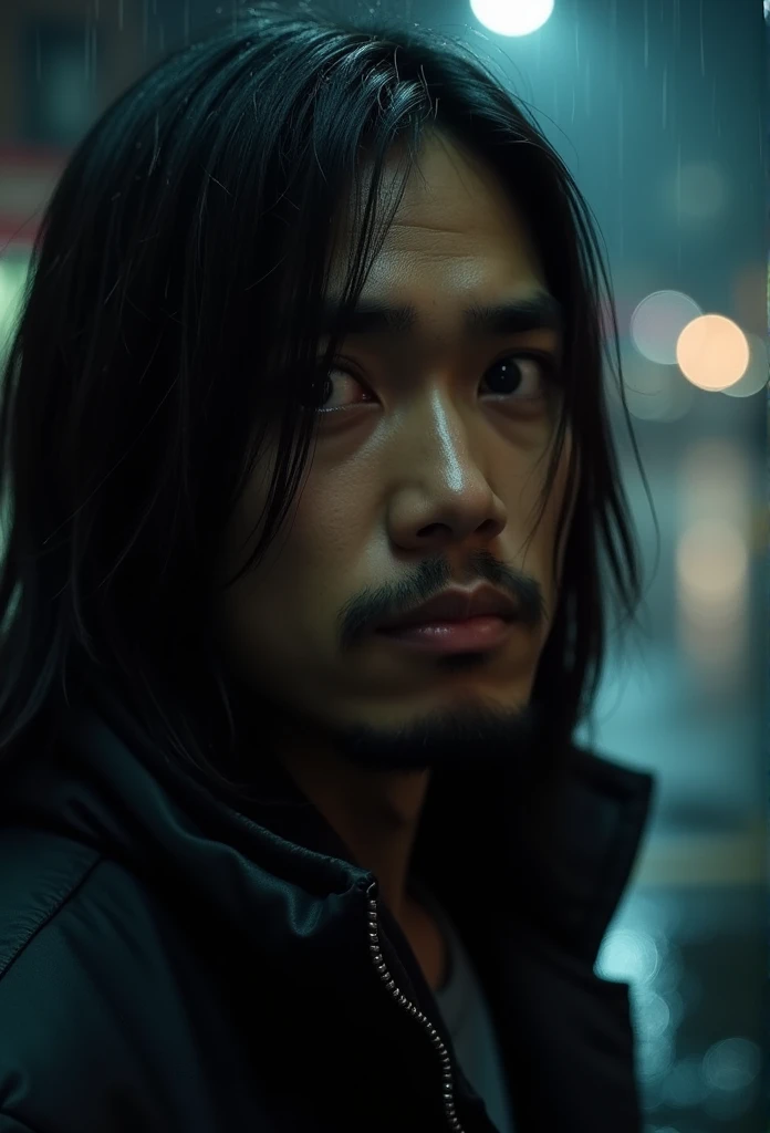 close up of a dark skin Filipino man with long straight hair and black jacket looking worried outside in the dark