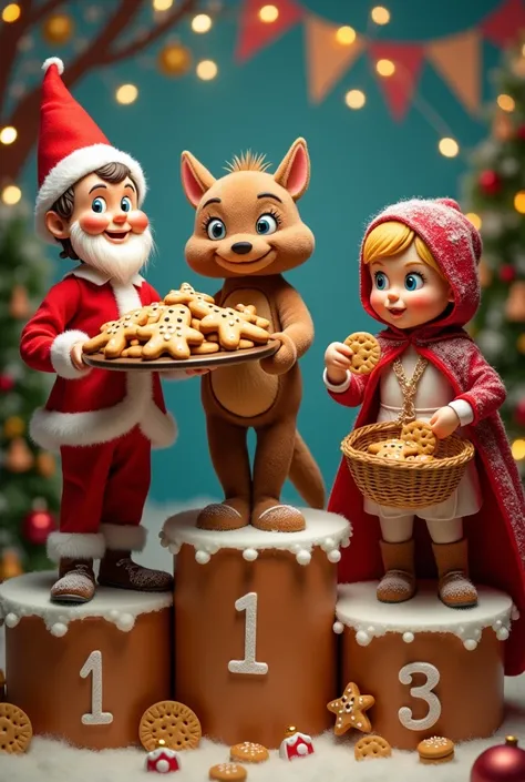 
Imagine this podium:

• First place: A Santa Elf, with a red hat and a white beard, holds a tray with gingerbread cookies shaped like little men. He looks very proud of his creation.

Second place: a big bad wolf, with a mischievous look, holds a basket f...