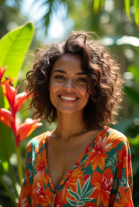 A Brazilian woman in a lush tropical garden, wearing an open shirt with a floral print, with a close-up capturing the harmonious beauty between her breasts and the natural flowers, showing off your natural charm and outgoing personality.