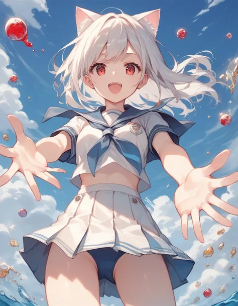 score_9, score_8_superior, score_7_superior, score_6_superior, sauce_anime, evaluation_Safety, masterpiece, Highest quality, White haired cat ear girl, Straight, Viewer Perspective, Reaching out, Adorable, Sailor suit, cowboy shot