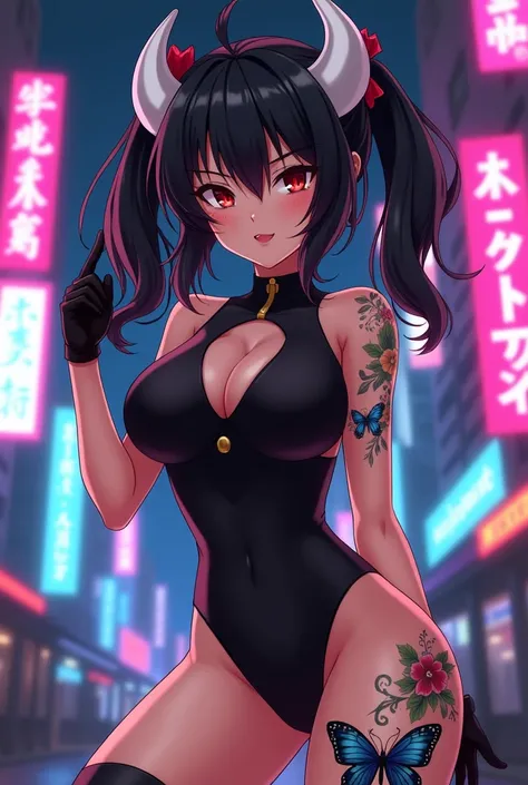 Anime sexy girl y2k hair black style Tied up and messy in the front and white horns and sexy bodysuit, with red eyes And a naughty face, Also put big butterfly tattoo On Right thigh and Japanese letters on the Left thigh , black gloves on both arms 