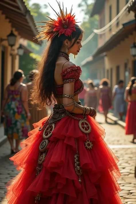 Steampunk clothing with Brazilian-Indigenous and Belle Époque influences in Belém do Pará. Retro style. Red tulle fabric 