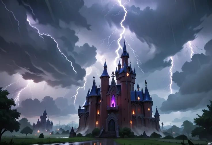 evil castle grounds, thunder, huge lightning, thunderstorm, storm, rainstorm, cloudy, dark skies, masterpiece quality, ultra HD, 4K, best quality