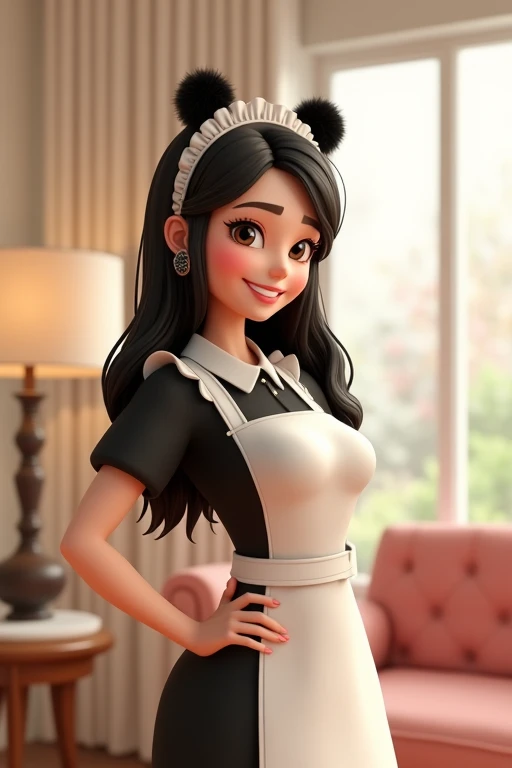 Adult Woman Maid, Smile, long hair, panda ears , 3D rendering, To profile, 