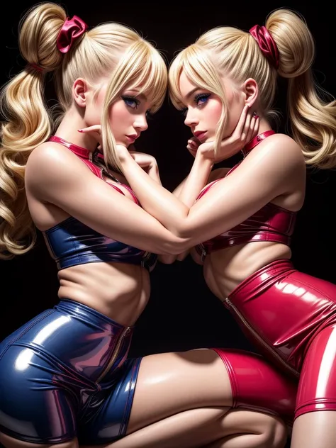 sexy twin girls,blond hair,space buns,rosa latexbluse, latex blouse detailed, hellblaues latex, rosa latex, red shiny patent pvc...