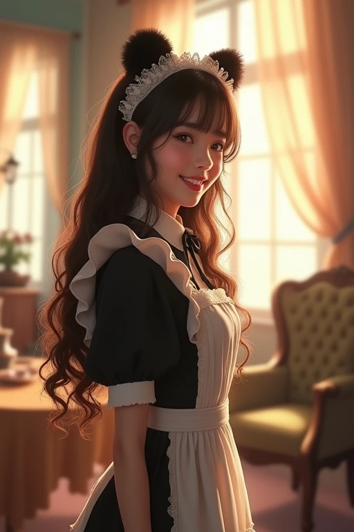 Adult Woman Maid, Smile, long hair, panda ears , To profile, 8k rendering, 