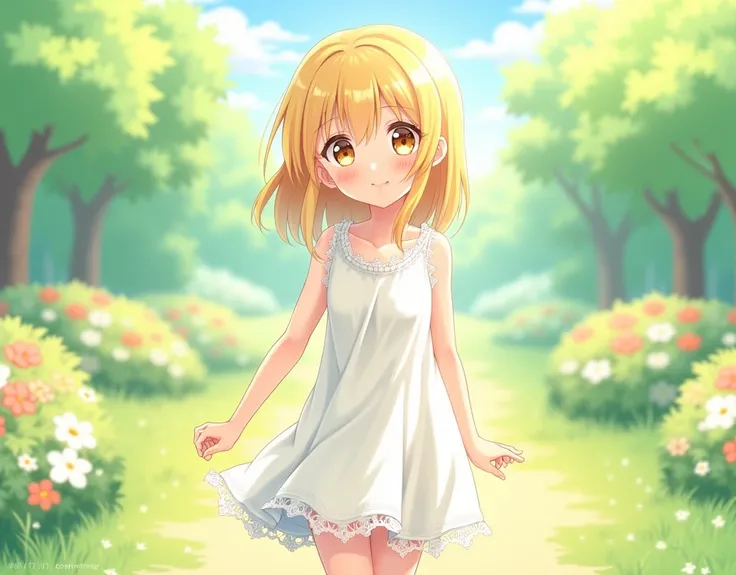 blonde anime girl with slightly blushing cheeks, wearing sleeveless white dress