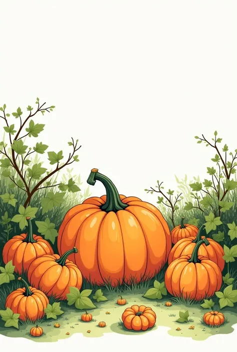 A lush pumpkin patch with various-sized pumpkins, sprawling vines, and a few pumpkins rolling away,anime,line art,simple detail,simple line art,,one line,clean and minimalistic line,line drawing style, pure white background