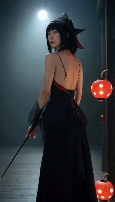 A Japanese witch wearing a pointy witch hat. 真实感.hyper realist. High definition.