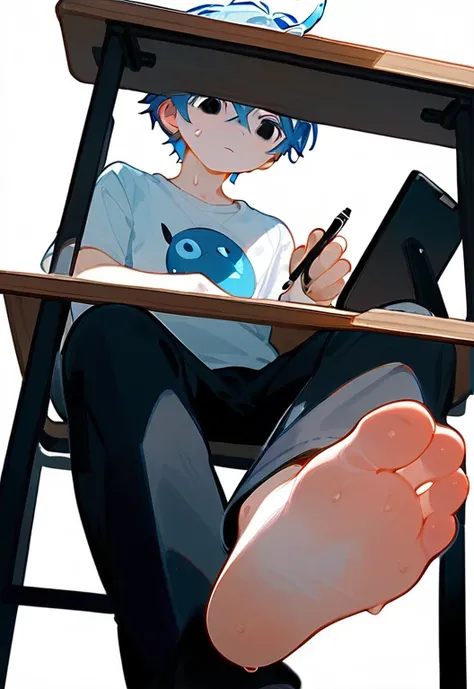 wallpaper,A cute boy showing his feet，sit on the chair，Behind the table，Low Angle，Under table angle，Hold a pen in your right hand，Hold the tablet in your left hand，Black eyes，barefoot，Blue Hair，There is a blue Unicorn on the head.，Unicorn，black eyes，White ...