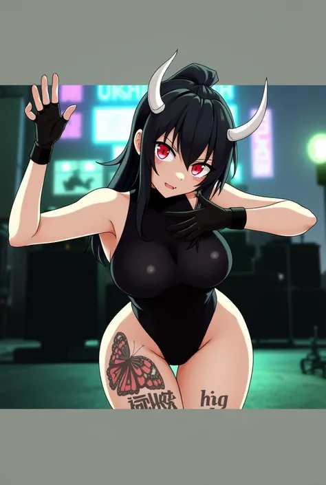 Anime mommy y2k hair black style Tied up and messy in the front and white horns and sexy bodysuit, with red eyes And a naughty face, Also put big butterfly tattoo On Right thigh and Japanese letters on the Left thigh , black gloves on both arms 