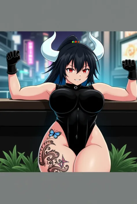 Anime mommy y2k hair black style Tied up and messy in the front and white horns and sexy bodysuit, with red eyes And a naughty face, Also put big butterfly tattoo On Right thigh and Japanese letters on the Left thigh , black gloves on both arms 