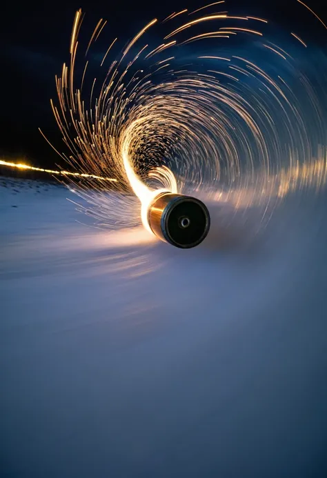 long exposure photo of a {bullet shot from a barrel} in motion, side angle shot, blurred edges, slow shutter speed motion photog...