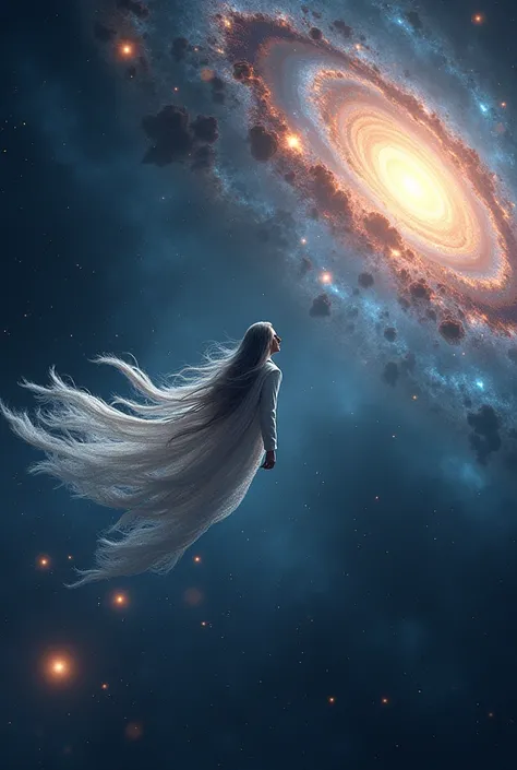 Long haired man wandering in space, near a star.