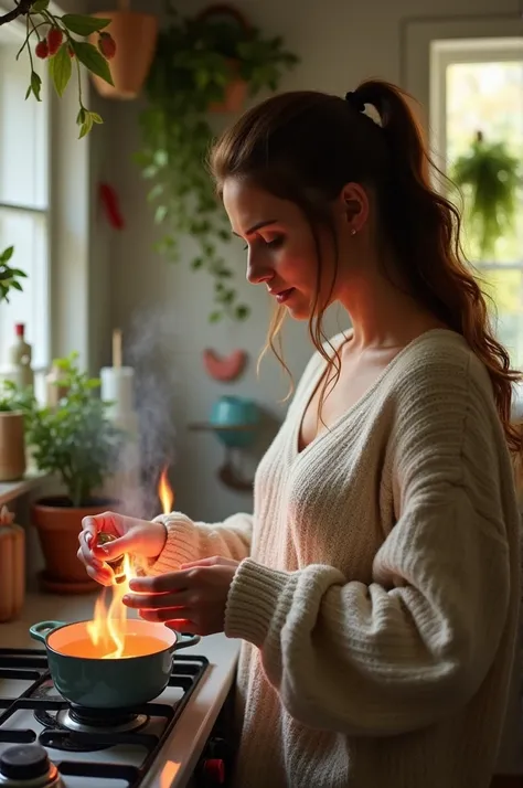 Woman warming urine in a kitchen inside the bathroom 