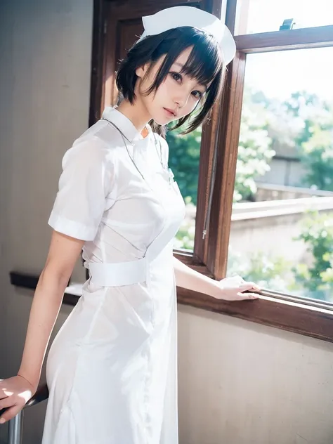 woman, alone, (wearing white nurse clothes:1.2), (bobcut), shortcuts,bangs, black hair, nurse, perfect anatomy, nurse uniform, (...