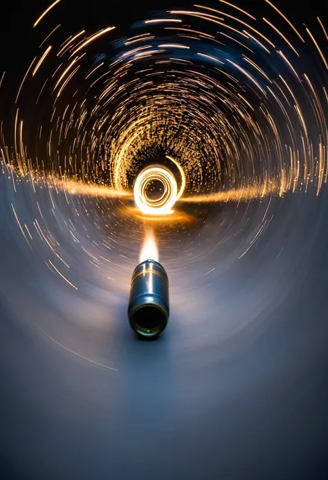 long exposure photo of a {bullet shot from a barrel} in motion, vertical angle shot, blurred edges, slow shutter speed motion ph...