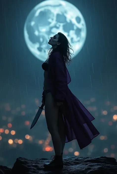 Imagine the scene where this female version of the Joker stands on the edge of a dark, rain-soaked mountain, She is sad because her love has passed away, overlooking the distant lights of the city below. Above her head, a massive full moon shines brightly,...