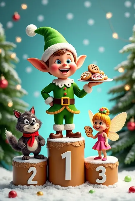 Santas Elf with gingerbread cookies winner of the first place in the cookie contest, Secondly, the big bad wolf, and thirdly a fairy, with hard cookies and broken teeth, add an Olympic-style podium, with the numbers 1 for the goblin, 2 for the wolf and 3 f...