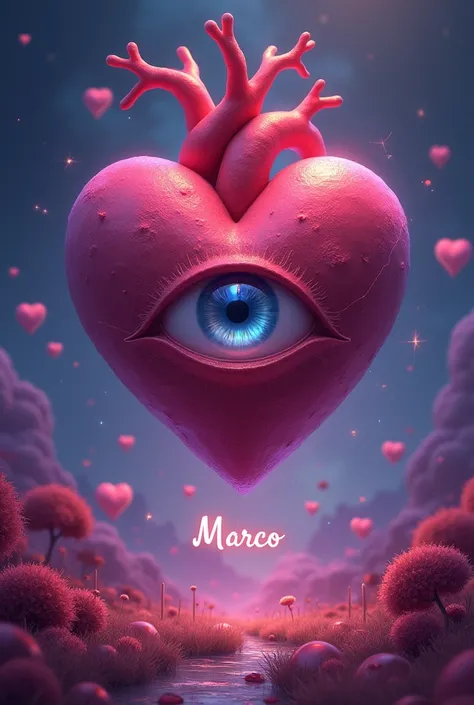 A dreamcore style image of a heart with an eye inside it,It should have my name at the bottom and say something in English like Im proud of Marco