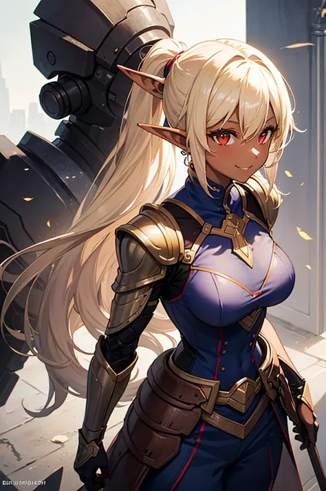 Beautiful images,Detailed Images,Official image,(Background of the base),One Woman,Blonde,Red Eyes,Ponytail Hair,Model body type,(Dark Skin:1.3),Elf Ears,Large Breasts,(Bioarmor:1.3),Smile small,