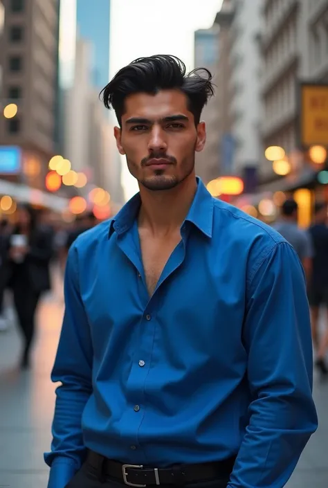 A man with black hair and a blue shirt