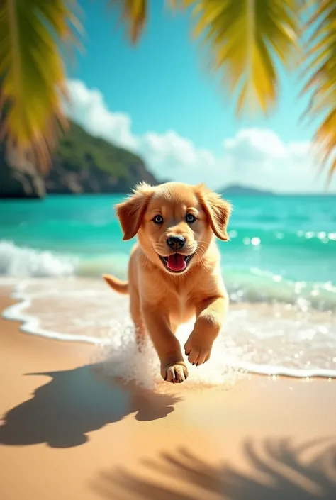 a cute dog on the beach, ocean waves, sandy beach, xpression, tropical beach scene, vibrant colors, photo-realistic, 8k, highly detailed, masterpiece