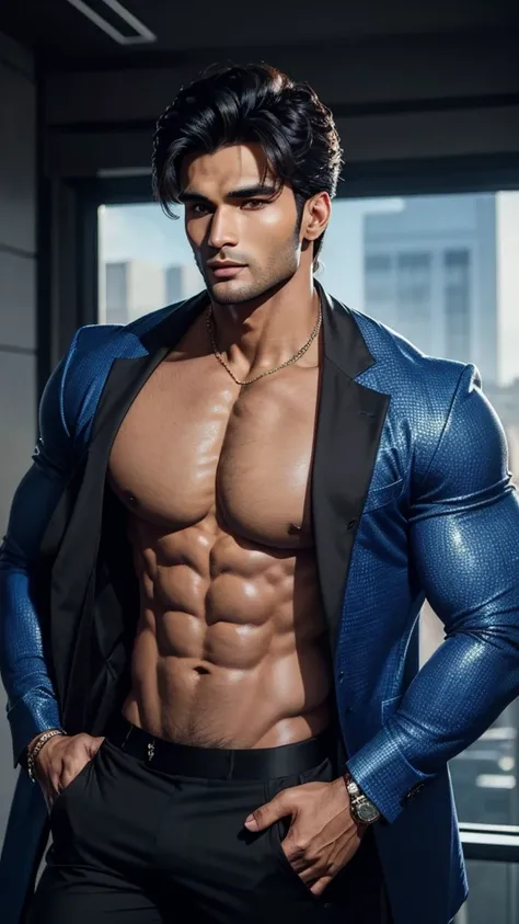 A muscular handsome man, (face: Rohit Khandelwal), extremely detailed face, perfect face, short hairstyle, looking at viewer romantically, sapphire blue jacket, black pants, shirtless, sexy look, smooth skin, 