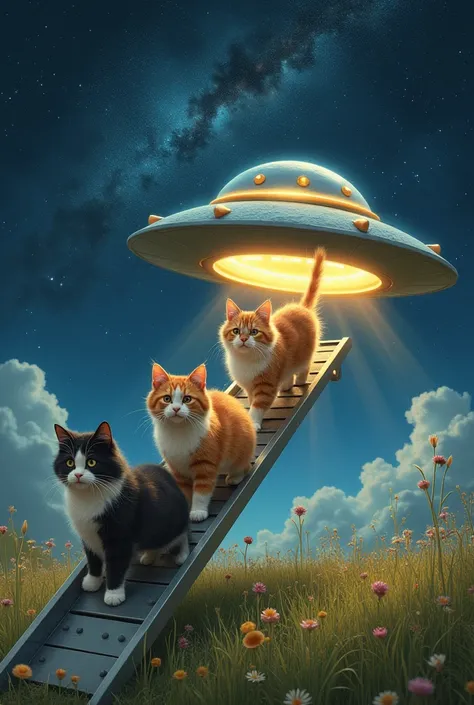 Several cats descending the ramp of a flying saucer