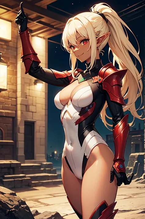 Beautiful images,Detailed Images,Official image,(Background of the base),One Woman,Blonde,Red Eyes,Ponytail Hair,Model body type,(Dark Skin:1.3),Elf Ears,Large Breasts,(Bioarmor:1.3),Smile small,