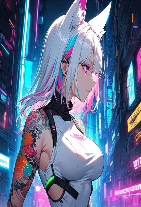 1woman, long white hair with pink and cyan tips,Muticolored hair, fox ears, purple eyes, wearing a white coat, leggings, wearing black undershirt, tattoos on arms,  colorful koi tattoos, showing body, medium-big breasts, cyberpunk, profile picture perspect...