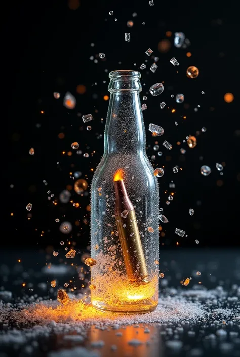 long exposure photo of a {bullet hit breaking a glass bottle} in motion, vertical angle shot, blurred edges, slow shutter speed motion photography, shot on Fuji Film XT4 camera f/2. ISO 200