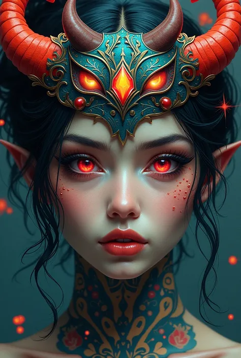 A closeup of a woman with a mask on her head, half human demon portrait, portrait of Demon girl, Demon girl, Stunning works of art, colorful illustration for tattoo, a beautiful art illustration, artistic illustration, symetry!! Portrait of Akuma, style by...