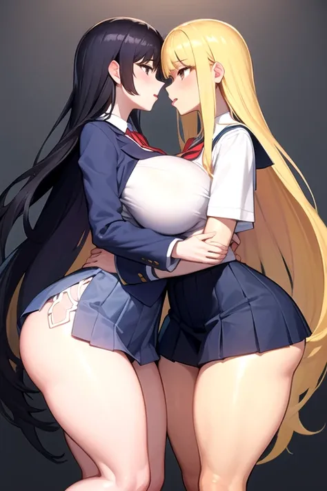 Lesbian (very long loose yellow hair)(big breasts, big thighs)(with school uniform clothes it is very tight) that he is kissing at school with his girlfriend,(big breasts, big thighs)lesbian love