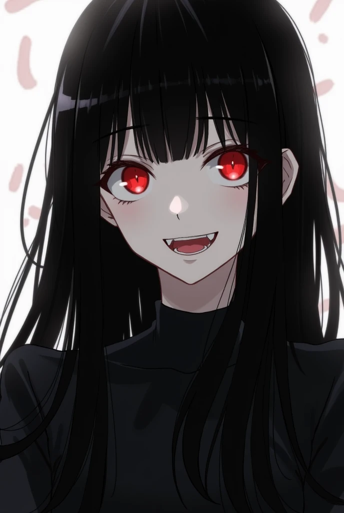 White girl, long black hair with bangs, Eyes red, black clothing and vampire fangs.