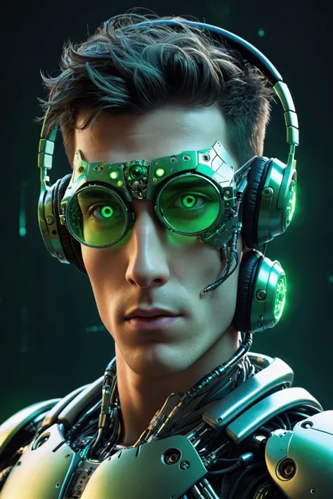 A highly detailed 20-year-old male cyborg, with a focus from the shoulders up, looking slightly towards the camera. The cyborg should have a futuristic and sleek appearance, featuring polished green metal, intricate mechanical details, and neon glowing cyb...