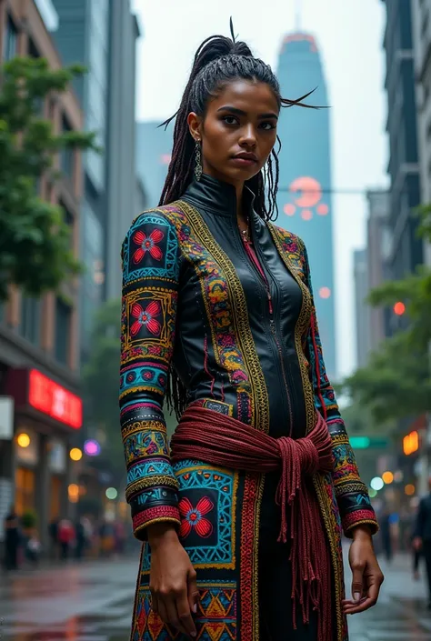 Cyberpunk clothing style with Influence of the indigenous Amazonian style and the Belle Epoque clothes of Belém do Pará.
Front and full body photo