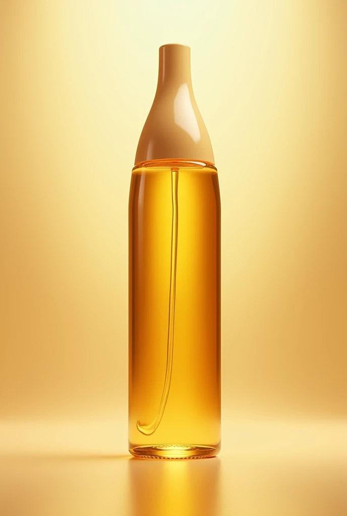 Create a PET bullet container, Conventional tall and thin cylindrical with a curvature at the top of the 250ml bottle with a white atomizer, This container should include bright golden liquid 