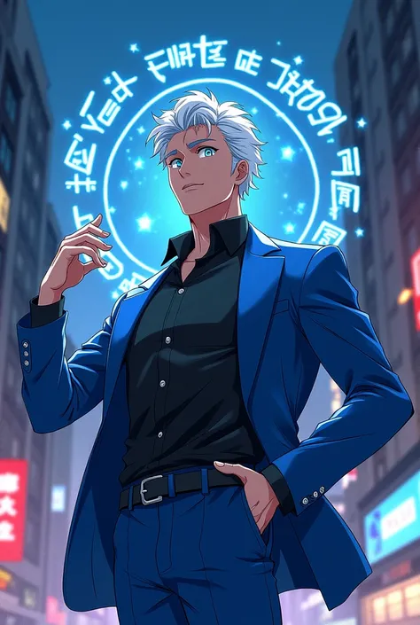 Satoru Gojo,Youngh,30years,brawny,lifted white hair,blue green eyes,open blue suit with a black shirt underneath, illuminated language,anime image.