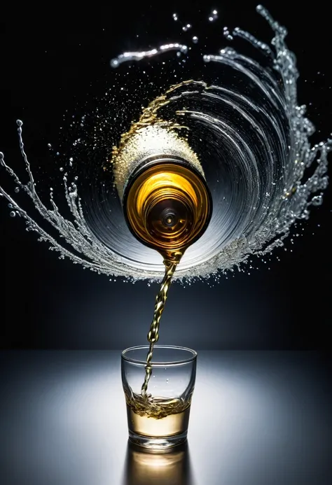 long exposure photo of a {bullet shot from a barrel and breaking a bottle glass} in motion, vertical angle shot, blurred edges, ...