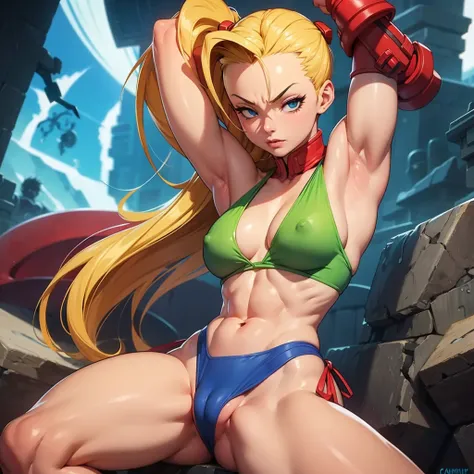  Cammy de Street fighter, with a very small bikini, with both arms raised showing the armpits, emphasizing the armpits, abdomen, Arms and their muscles and that her clothes cling to her body, Her nipples and vagina should be emphasized 