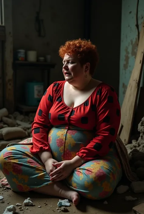 woman 40 years old, obese and fat, bitter, sweet. silly. very short red curly hair badly combed, tight red blouse shirt with large black squares open half buttoned showing nipple, long black skirt, long colorful apron, round good-natured red face slapped f...