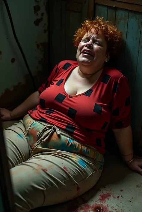 woman 40 years old, obese and fat, bitter, sweet. silly. very short red curly hair badly combed, tight red blouse shirt with large black squares open half buttoned showing nipple, long black skirt, long colorful apron, round good-natured red face slapped f...