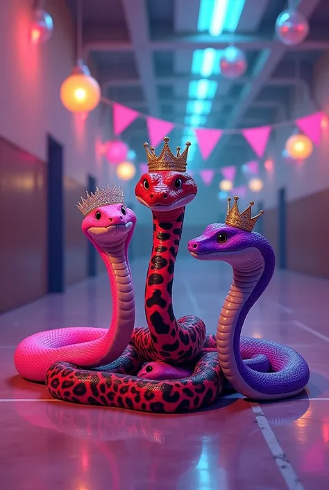 three boa constrictor like lola boa form brandy and mr whiskers but like mean girls.

one boa neon pink with a tiara, the other boa red black and white with a king crown, and the other boa neon purple with a queen crown