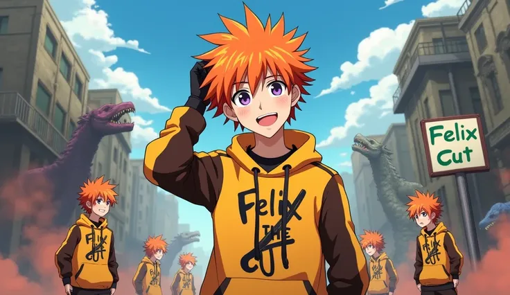 This image has to be in anime, an 18 year old teenager without a head. He is holding his head with his left hand. He has orange hair and purple eyes and is giving a beautiful smile.. He is wearing a yellow and brown outfit that says Cut with a drawing of a...