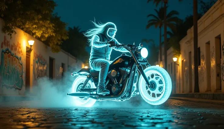 Create a realistic image of a ghost motorcycle stuntman haunting the streets of Venezuela 