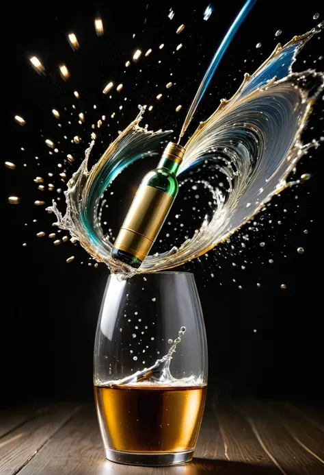 long exposure photo of a {bullet shot from a barrel and breaking a glass bottle } in motion, vertical angle shot, blurred edges,...