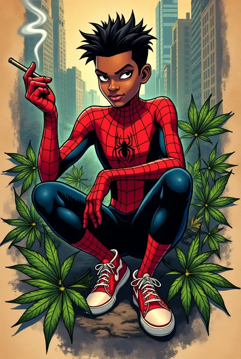 Create a tattoo of Miles Morales with a marijuana joint